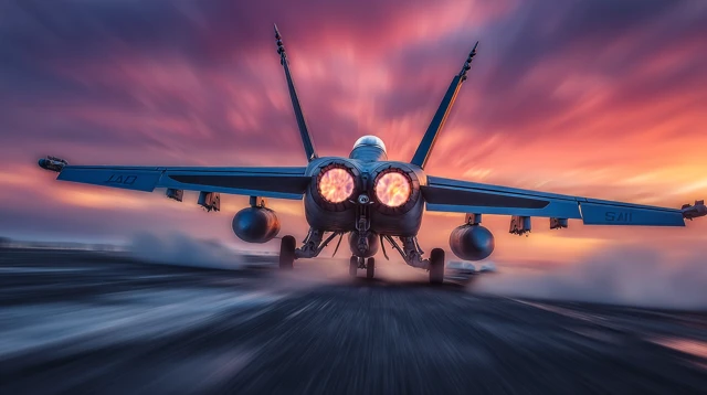 Military Jet Taking Off From Carrier Deck
