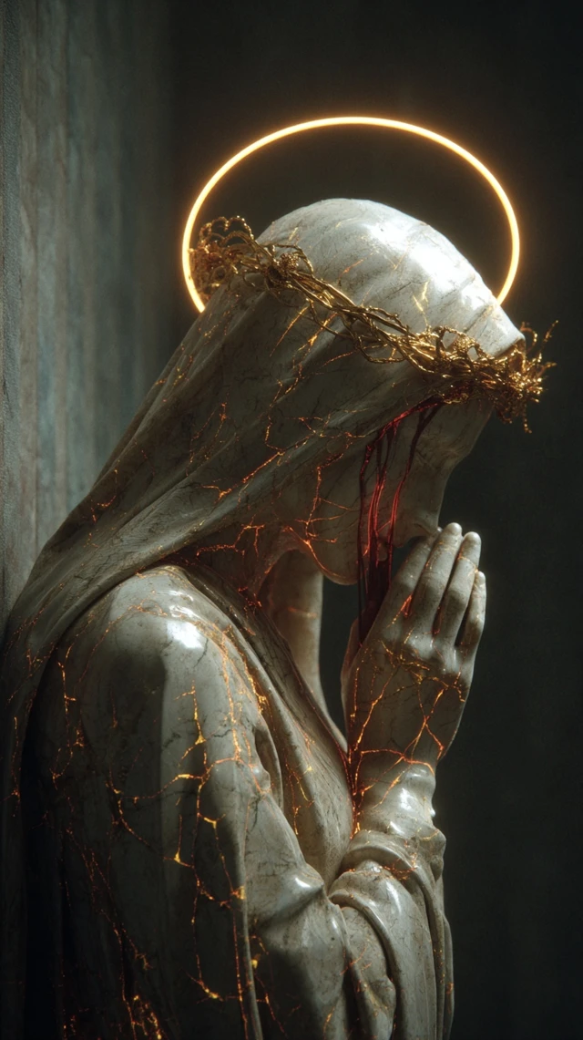 Marble Sculpture with Golden Cracks and Tears