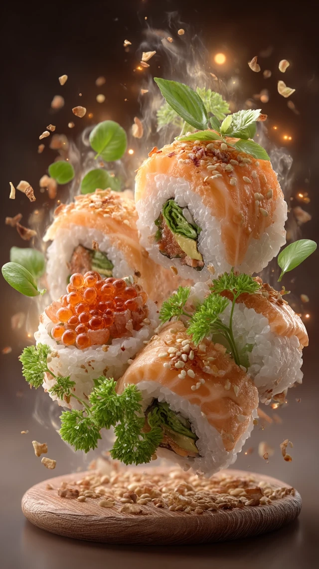 Delicious Sushi Rolls Floating Photography
