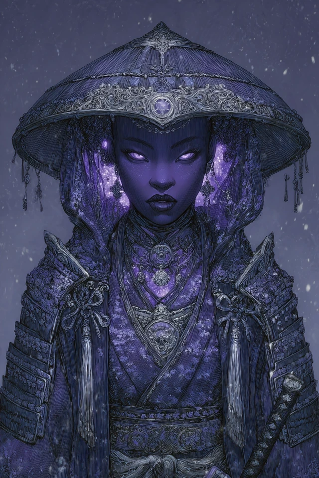 Gothic Samurai Woman in Violet Armor