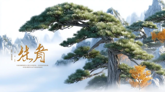 Dreamlike Ink Painting Pine Tree Landscape Art Illustration