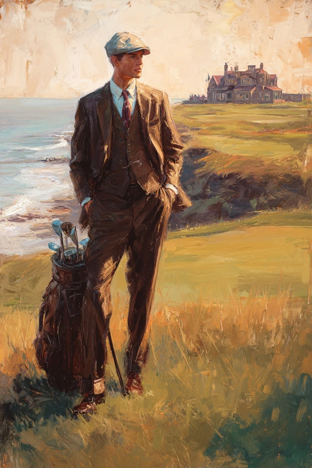 Vintage Golfing Gentleman Seaside Scene