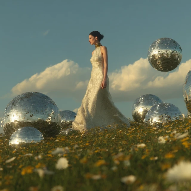 Woman in Meadow with Disco Balls Avant Garde