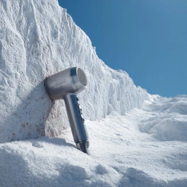 Silver Hair Dryer on Snow Ultra Realistic Detail