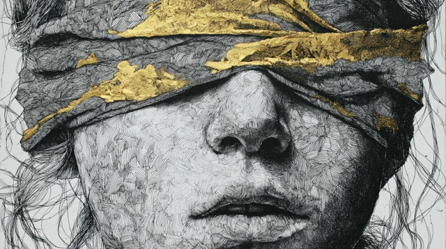 Juliet Blindfolded Black and White Gold Highlight Art