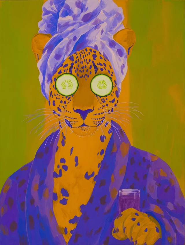 Relaxed Leopard in Robe with Cucumber Slices