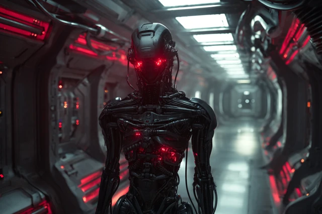 Futuristic Robot in Spaceship Corridor Cinematic Image