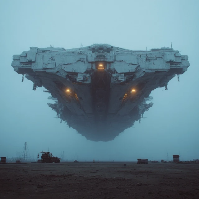 Alien Ship Floating Above Foggy Steel Landscape