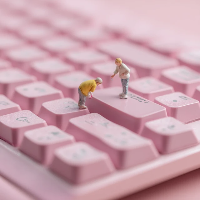 Miniature People on a Pink Keyboard