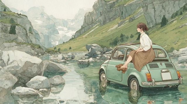 Fiat 500 in River Anime Illustration