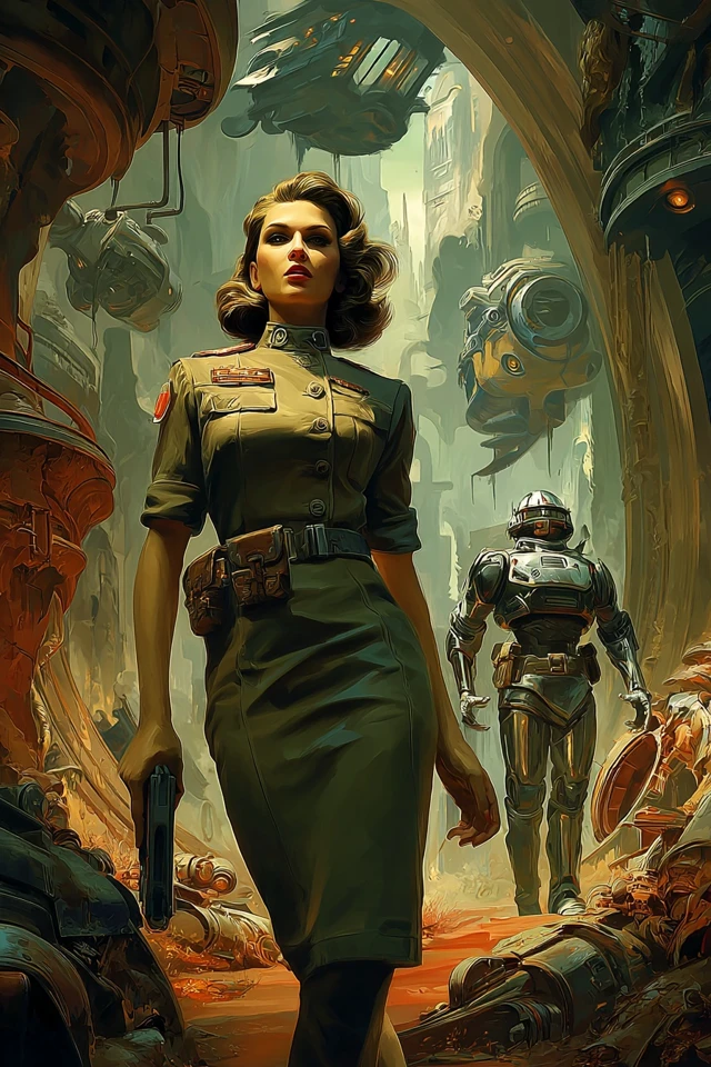 Retro SciFi Explorer and Robot in Alien Palace