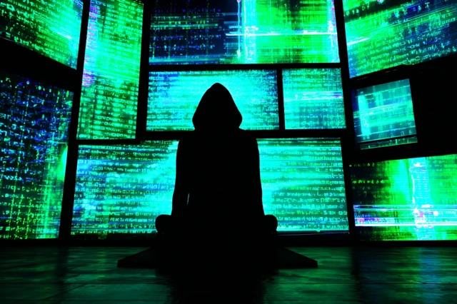 Cyberpunk Hacker in Neonlit Room