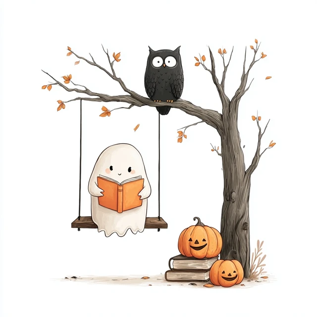Cute Ghost Reading Book Halloween Illustration