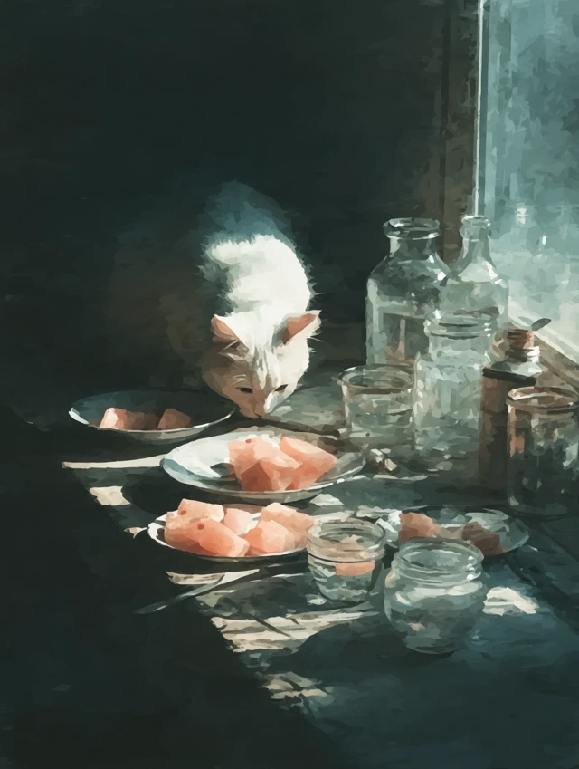 Cat Eating Watermelon Summer Scene