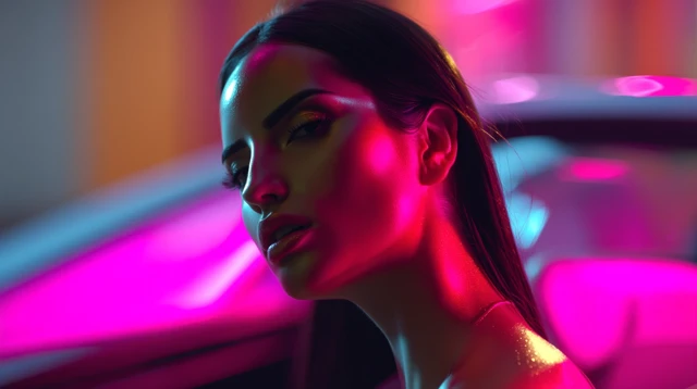 Iranian Woman in Lamborghini at Night Neon Lights