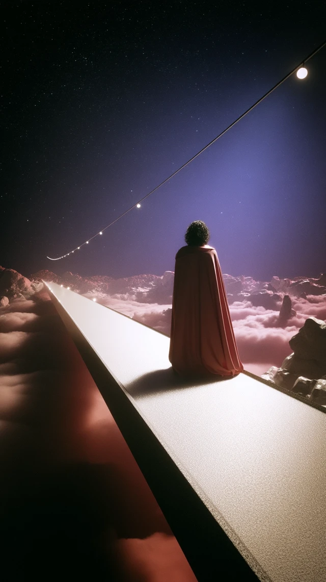 Lone Figure on a Glowing Bridge Dreamlike Fantasy