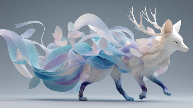 Ethereal 3D Fox with Antlers and Flowing Ribbons