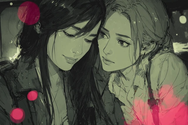 Women Embracing Anime Painting