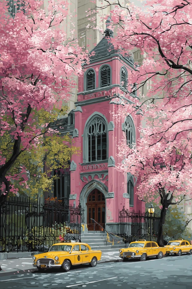 NYC Springtime Cherry Blossoms and Yellow Cabs
