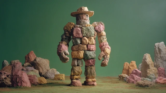 Pastel Rock Golem in Cowboy Hat Claymation Style