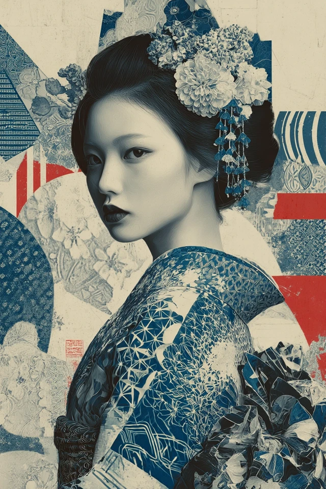 Japanese Female Collage Blue and White Art