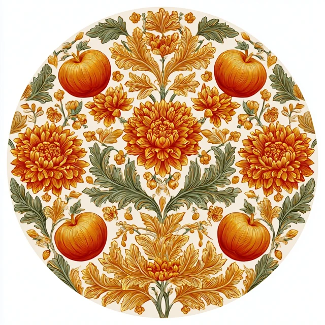 Autumnal Floral Carpet Design With Pumpkins And Chrysanthemums