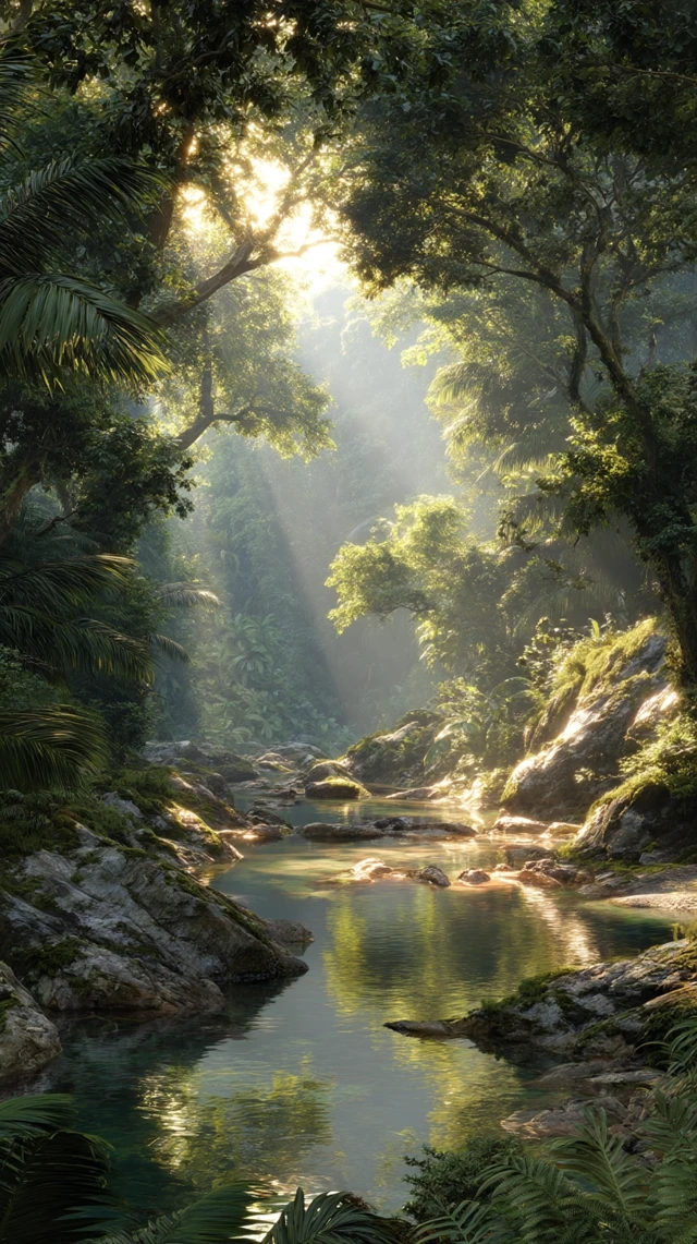 Majestic Rainforest Scene Sunlight and Reflections