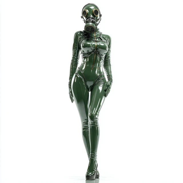 Woman in Green Latex Suit and Gas Mask
