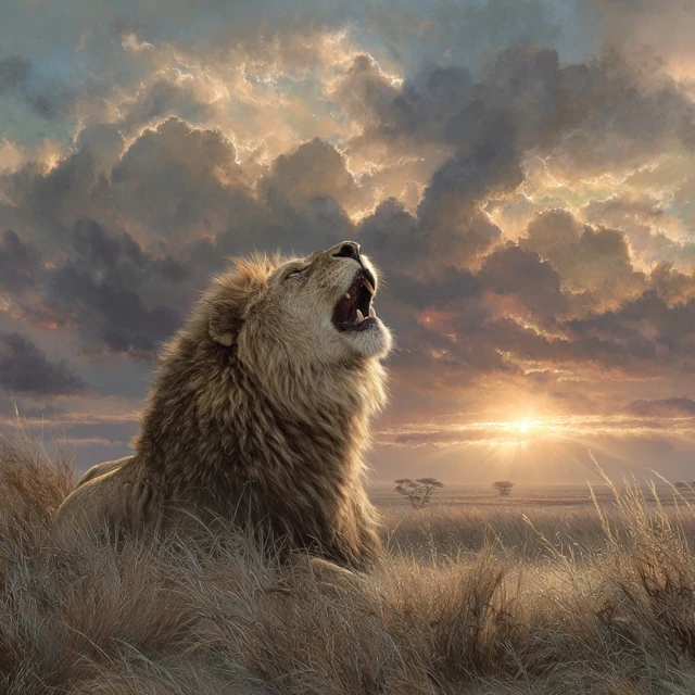 Majestic Lion Roaring at Sunset