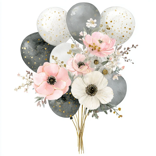 Watercolor Balloon Bouquet Floral Accents Gold Glitter