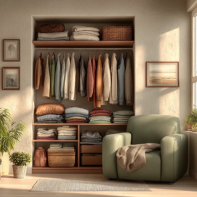 Cozy Bedroom Wardrobe with Clothes and Soft Lighting