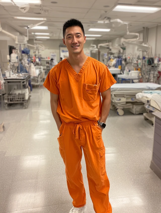 Asian Doctor in Orange Scrubs Hospital Setting