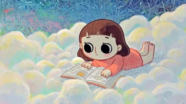 Girl on Cloud Reading Book Cartoon Illustration