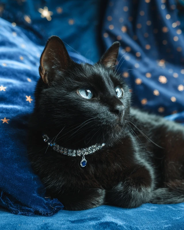 Black Cat Diamond Collar Blue Velvet Stars
