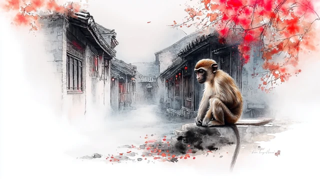 Chinese Ink Wash Painting Village Scene Monkey