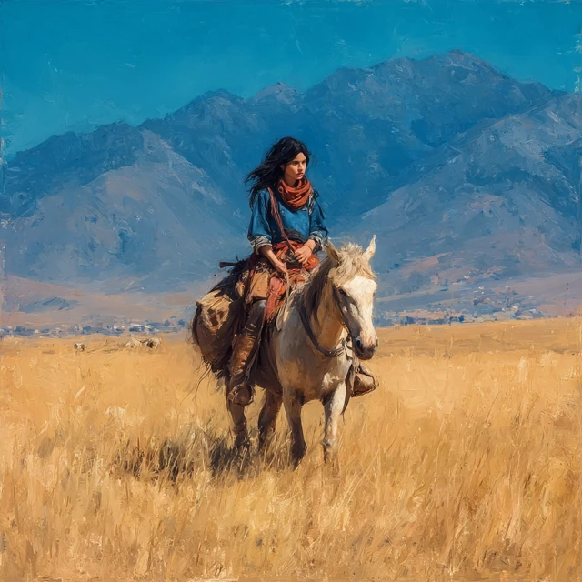 Mongolian Girl Riding Horse Oil Painting