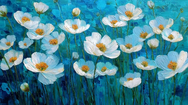 White Daisy Field Oil Painting