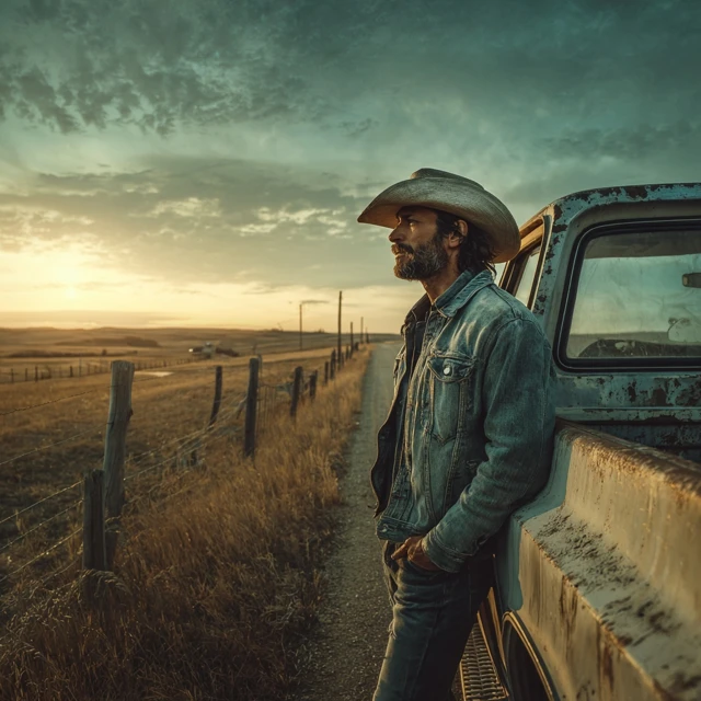Country Singer Portrait With Vintage Truck Golden Hour