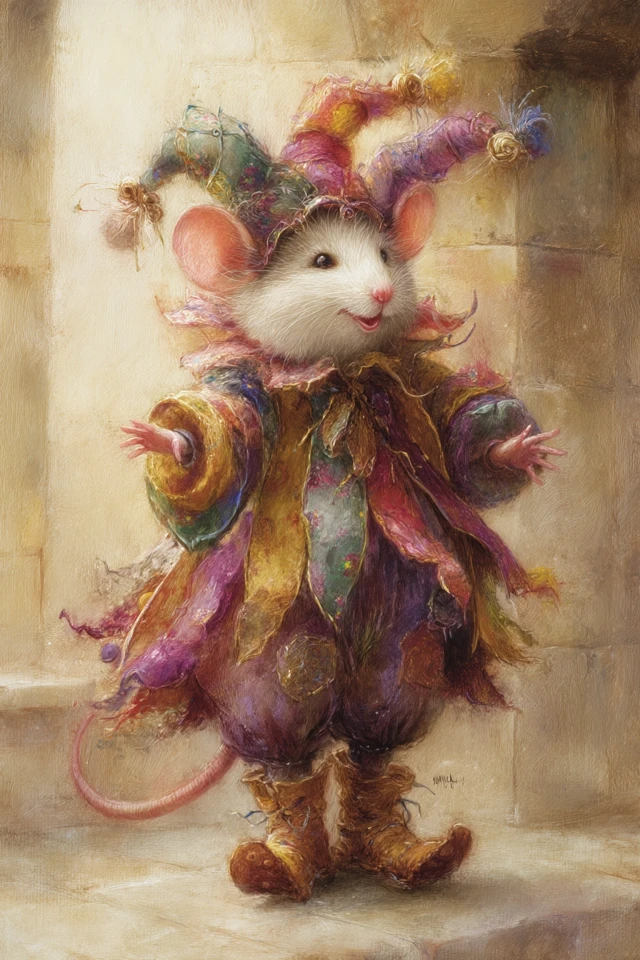 Dormouse Jester in Colorful Costume and Boots
