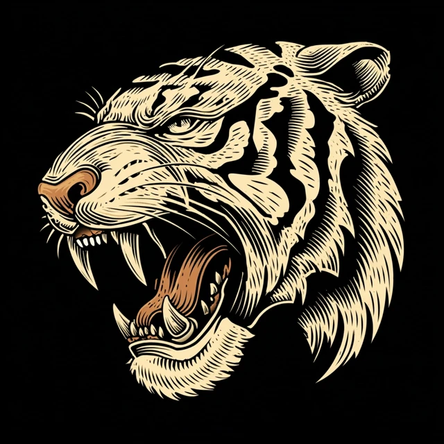 Vintage Tiger Head Illustration Black and White