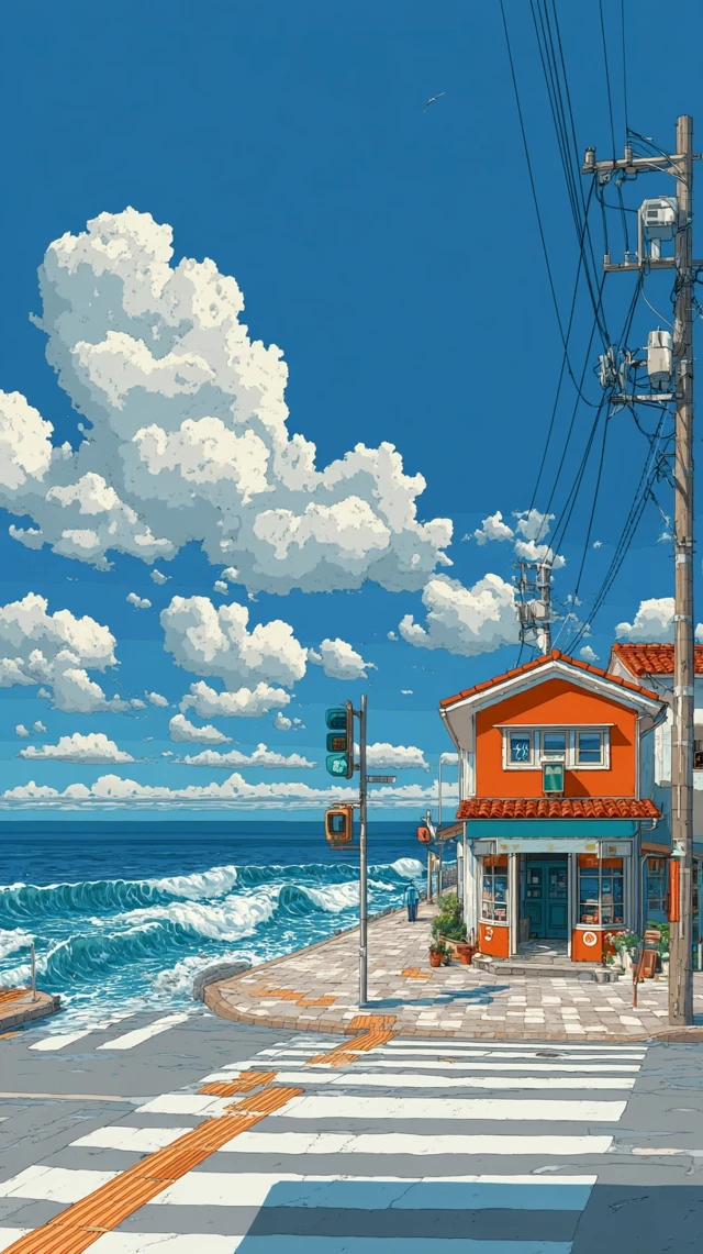 Anime Coastal Crosswalk Scene with Bakery and Ocean