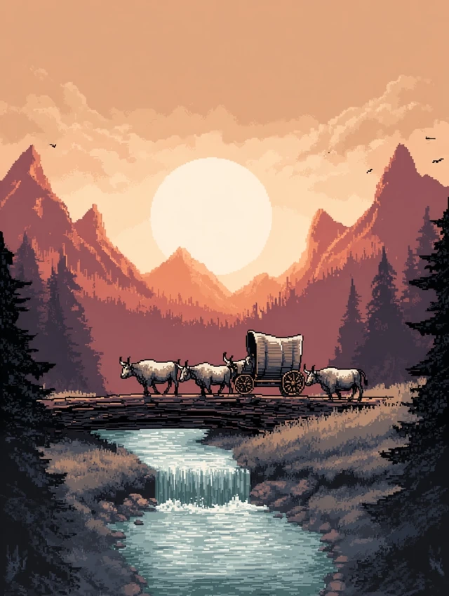 Pixel Art Oxen Wagon Crossing River Vintage Game
