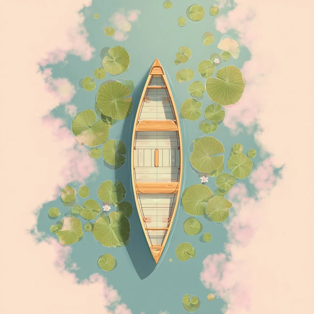 Canoe on Calm Lake Lily Pads Minimalist Illustration