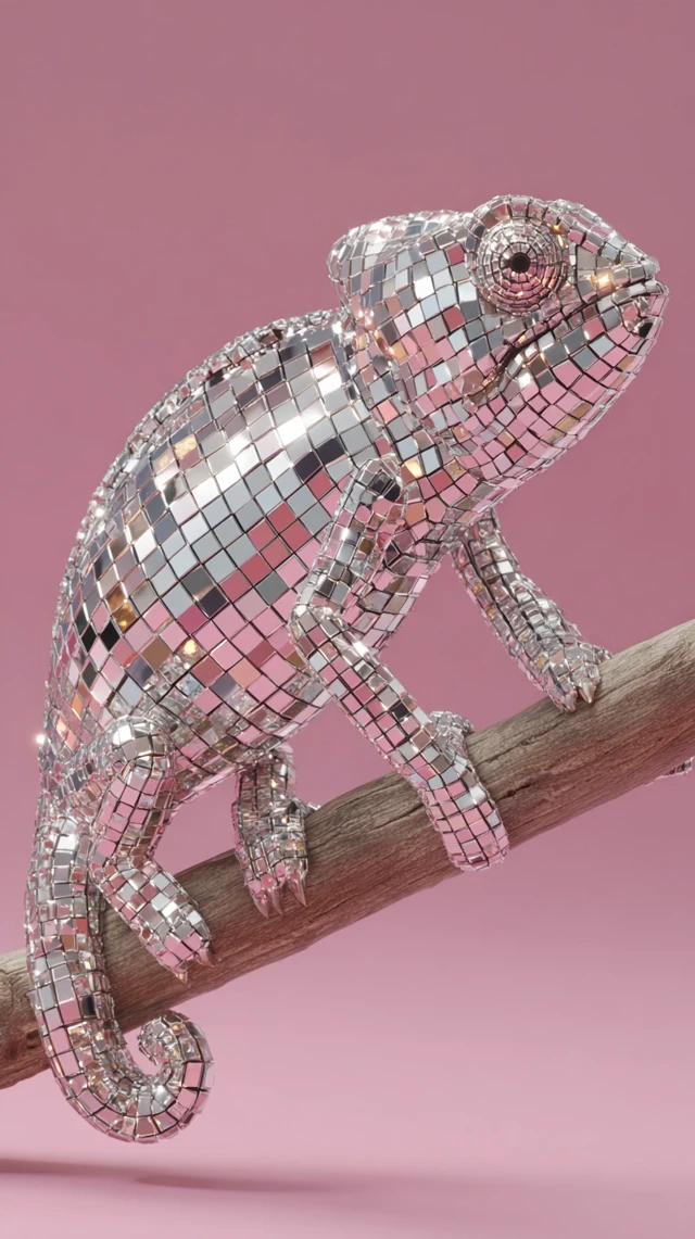 Disco Ball Chameleon On Branch Photorealistic Art