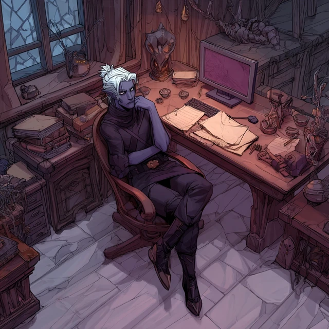 Drow Criminal at His Desk Fantasy Illustration