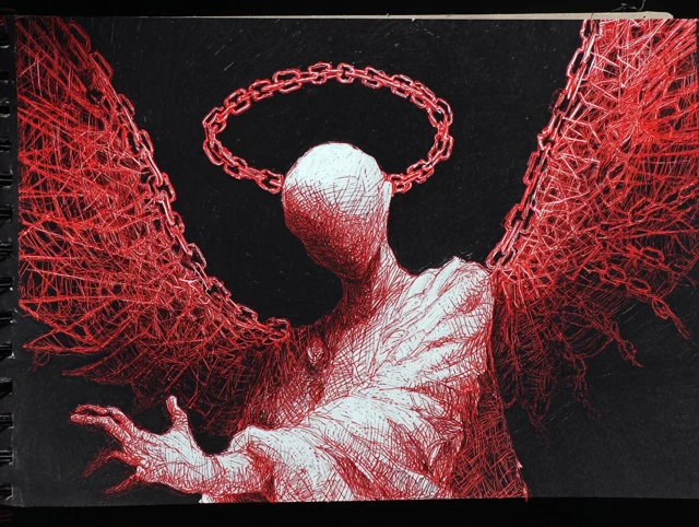 Horror Art Angel with Chain Link Wings