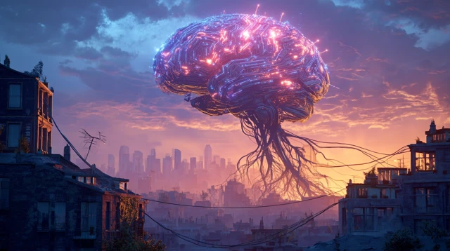 AI Brain Over City Futuristic Artwork