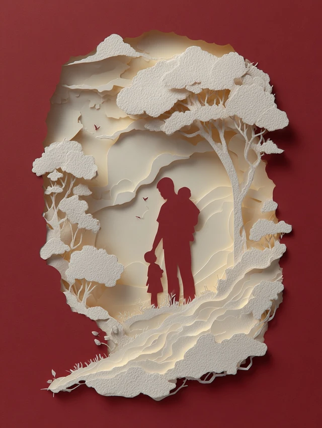 Paper Cut Art Father and Child Elegant Vignette