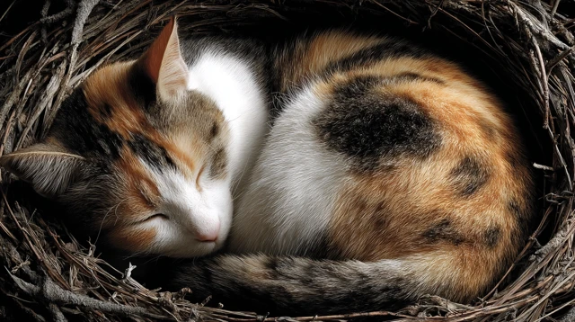 Sleeping Tricolor Cat in Nest Real Photography