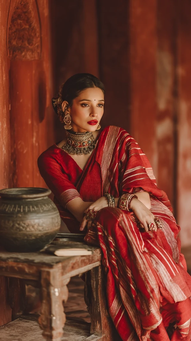 Indian Woman in Red Saree Vogue Photoshoot